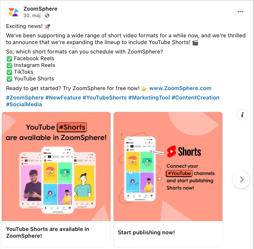 ZoomSphere podporuje YouTube Shorts pre plánovanie videí.