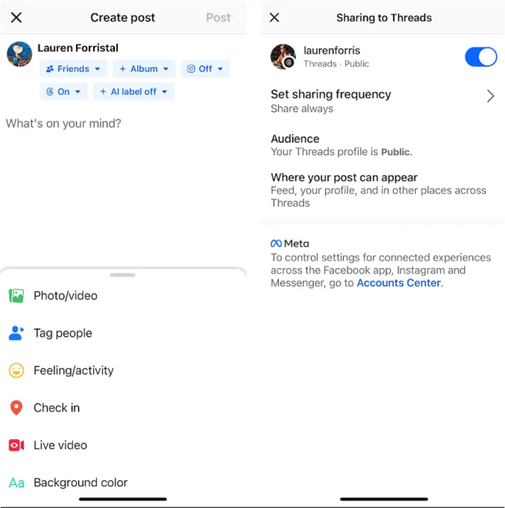 Zdieľanie príspevkov medzi Facebookom, Instagramom a Threads.