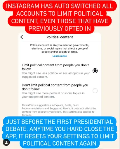 Instagram restricts political content ahead of presidential debates.