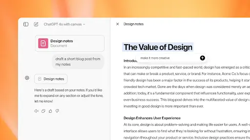 ChatGPT Canvas tool helps developers and creatives refine their work interactively.