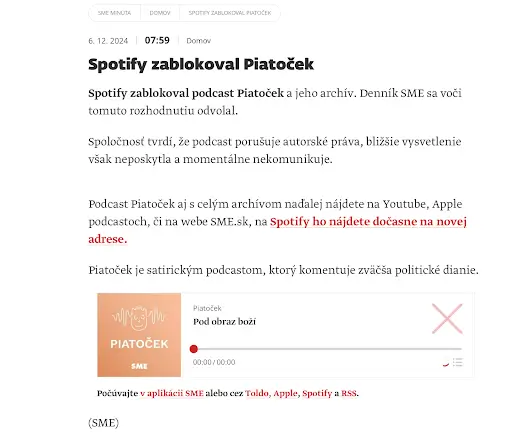 Spotify removes Piatoček podcast from its platform