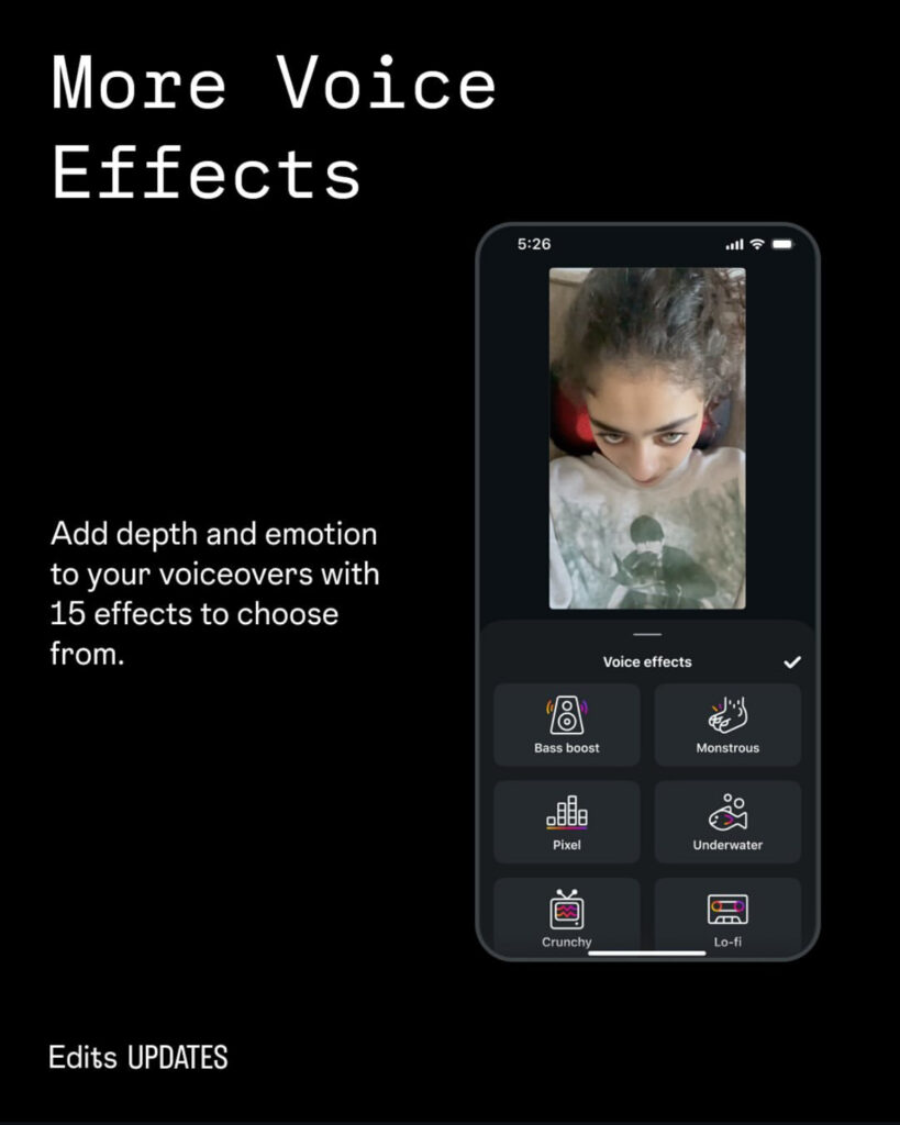 Menu hlasových efektov v nových funkciách Instagram Edits 2025