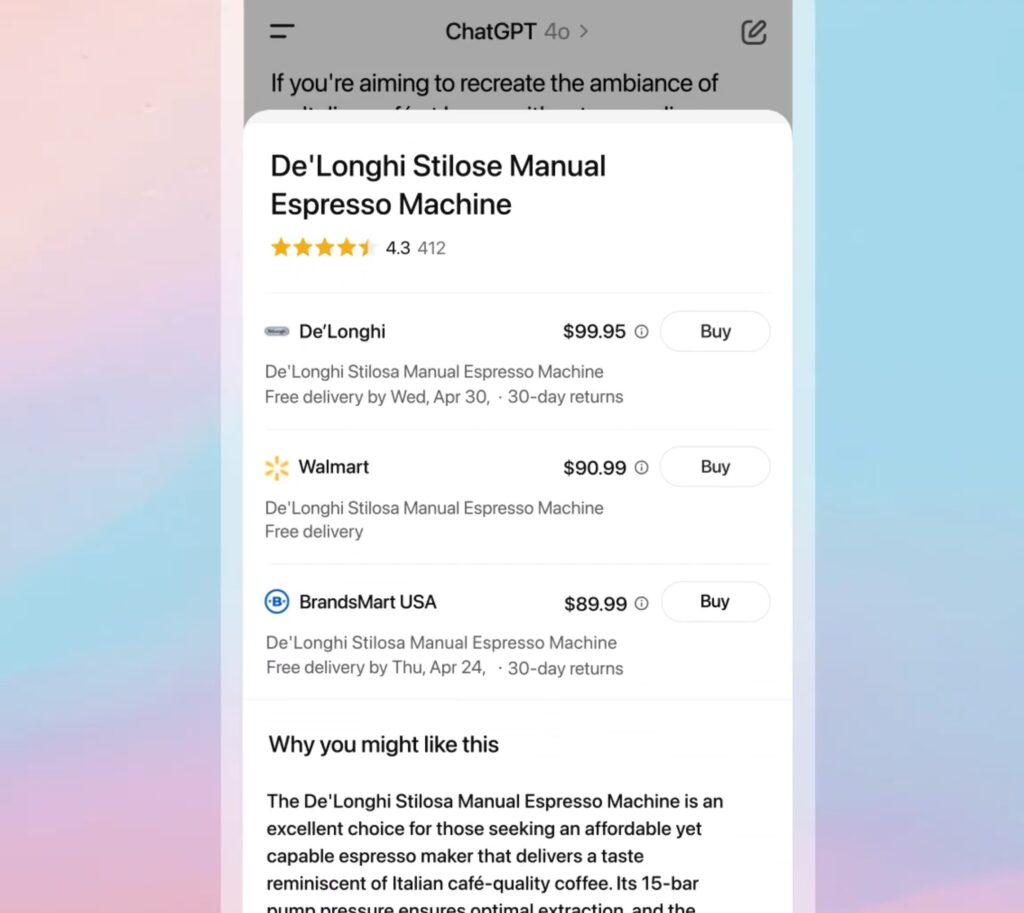 ChatGPT Shopping Feature product cards on mobile interface